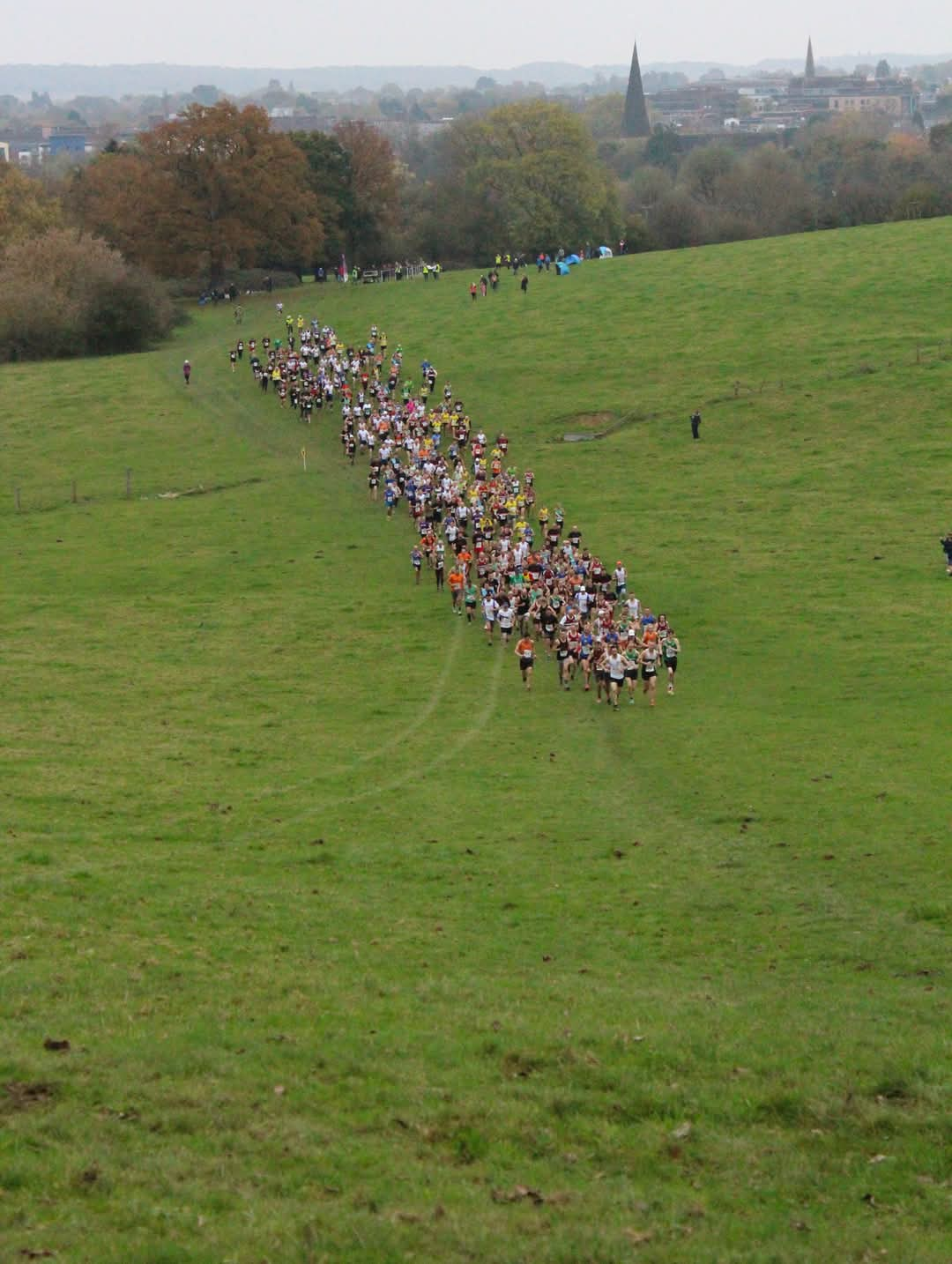 A crowd of runners on a green hillside near Horsham